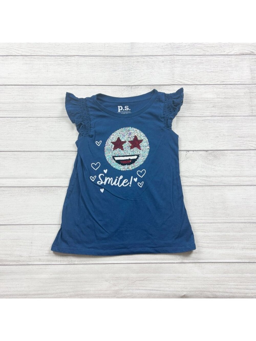 P.S. From Aeropostale Girls Blue Flip Sequin Emoji Smile T-Shirt 12